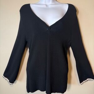 Sigrid Olsen Collection Black V Neck Knit Top‎ Beaded Trim 3/4 Sleeve Women M